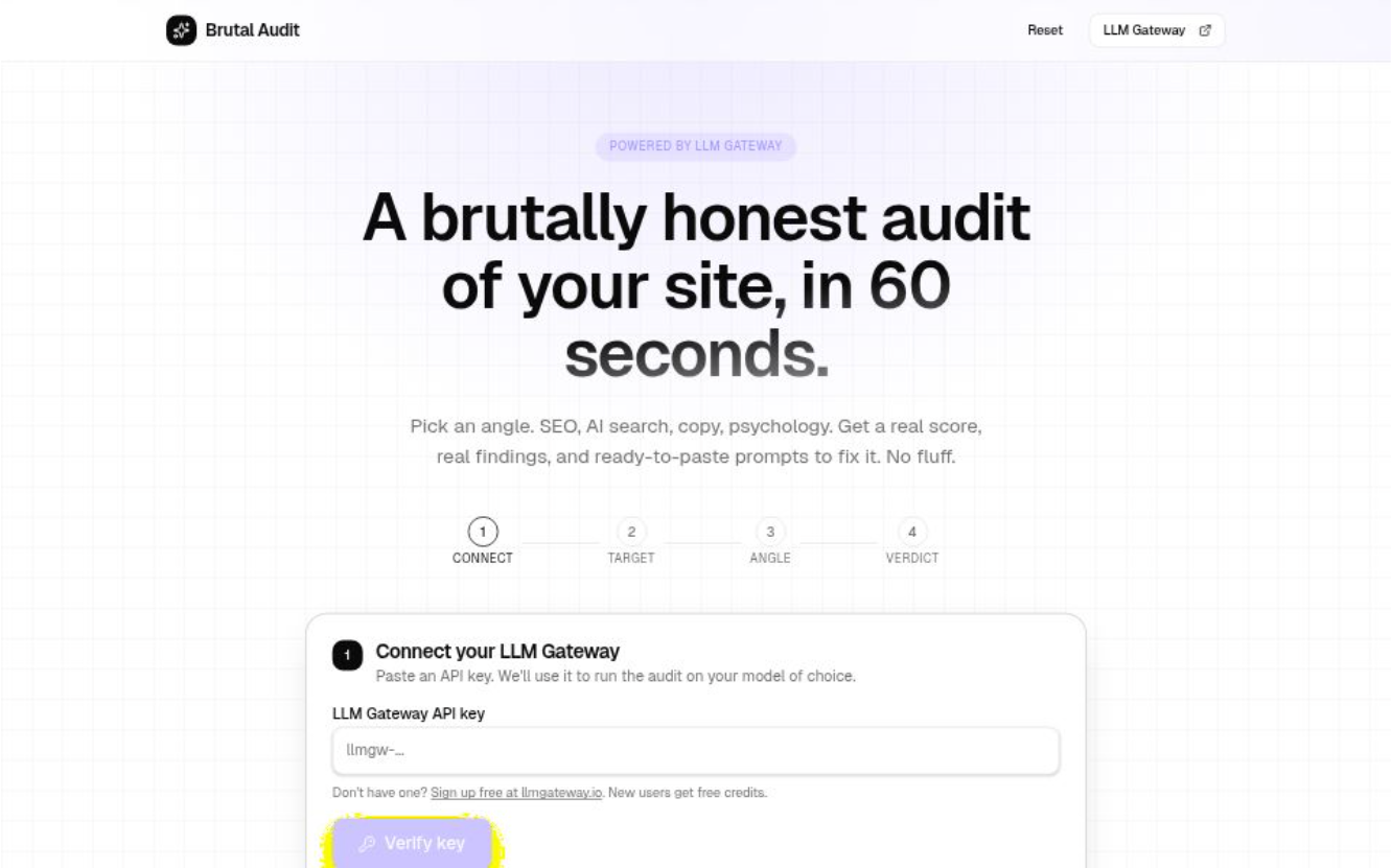 Brutal Audit social preview showing a brutally honest, AI-powered site audit produced in 60 seconds across SEO, AI search, copywriting, and psychology angles